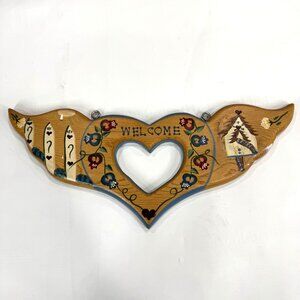 Vintage Hanging Welcome Sign Heart Painted Folk Art Floral Mexico Handcrafted